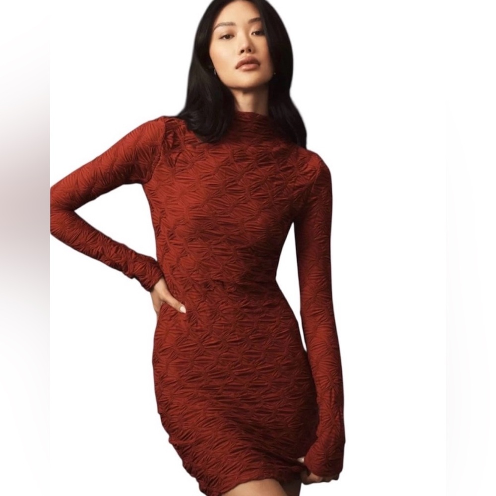 Anthropologie Maeve Long Sleeve Scrunch Textured Mini Dress Wine M NWT - Picture 2 of 6